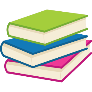 three stacked books in green, blue, and pink