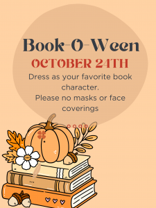 flyer about Book-O-Ween on October 24 with picture of books and a pumpkin on top and orange background