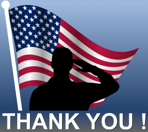 silhouette of soldier saluting with American flag behind and words, "Thank you" in white