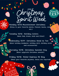 navy blue background with border of Christmas images, including a sweater, decorations, and a Santa hat and details about dress-up days for each day of the week 12/15-12/19/2025